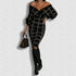 Long sleeve check one-step skirt V-neck hip dress
